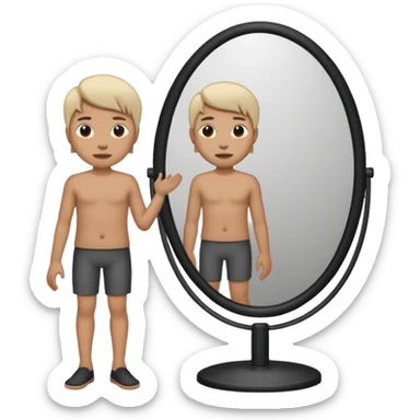Minimalist emoji-style sticker of a person standing before a mirror, but the reflection is moving differently. Black and gray icon.
 sticker