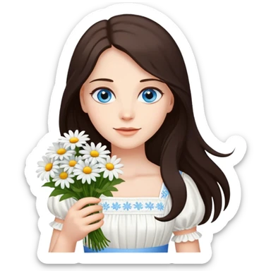 A lady stand with dark brown long hair and blue eyes, wearing a white dress, holds a bouquet of daisies.  sticker