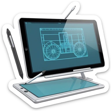 Create an emoji for 3D visualization and modeling. Show a large graphic tablet with a stylus drawing in a 3D modeling program, displaying a wireframe model that pops out from the screen. Use modern, professional colors. Do not include any emojis or smiley faces. Make the background transparent. sticker