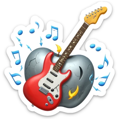 A 3D Apple-style emoji of a bold “ROCK” text written in shiny metallic letters, with an electric guitar leaning on the text, surrounded by small music notes and lightning bolts, energetic and powerful rock music vibe sticker