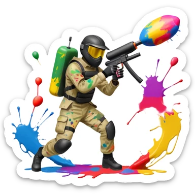 A dynamic scene of a player in action, holding a paintball gun and wearing protective gear. The background shows a vibrant paintball field with obstacles, colorful splatters of paint in the air, and an intense, competitive atmosphere. sticker