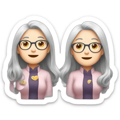 Chinese senior lady wear glasses has long hair show love gesture sticker