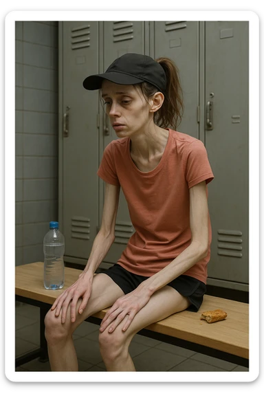 3D rendered scene: a woman in her 20s wearing running clothes sits on a bench in a locker room, looking exhausted and weak. Her face shows signs of fatigue, and her limbs appear thin and lacking muscle tone. A water bottle and a small, half-eaten snack are beside her, hinting at insufficient nutrition. The environment is realistic, with a focus on her physical and emotional state. sticker
