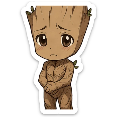 anime style Groot character, cute and shy, sad expression sticker