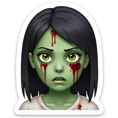 zombie girl, straight black hair, green skin, blood on her face, serious expression.  sticker