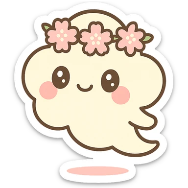 vanilla cloud doe with rosy cheeks, cherry blossom crown, floating witch-like grace, brand identity mascot for social media sticker