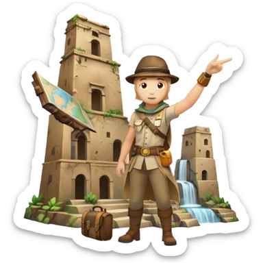 Icon for Documentary Film (TV style): A traveler pointing backward and narrating in front of ancient ruins. Include elements like historical landmarks, maps, and exploration tools to evoke a sense of adventure. Transparent background. sticker