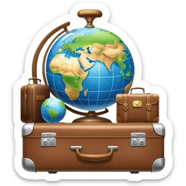 An icon featuring a suitcase, a hotel bell, and a globe, symbolizing tourism and hospitality. The design includes a scenic landmark, like a mountain or beach, and a check-in desk, representing travel and accommodation services. Transparent background sticker
