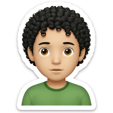 Curly, dominican boy, Phototype II, black hair, with green shirt sticker