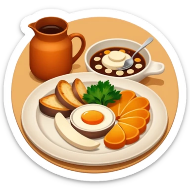 Homemade dishes on a plate, warm cozy colors, simple shapes, flat design, high contrast, friendly and inviting. sticker