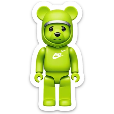 classic bearbrick toy with squared head, wearing a bright lime balaclava with Nike swoosh logo on it, pronounced eyebrows, blocky bear design sticker
