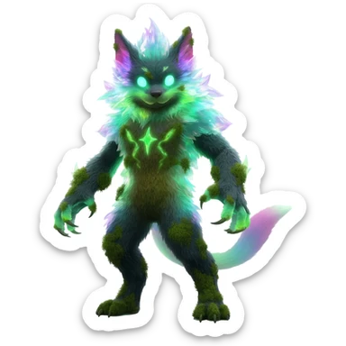 Realistic Sharp mossy elemental detailed Colorful translucent luminescent glowing Trico-Noibat-batty-Sergal-Furret-Ferret-Wolverine-Vernid-furry-fursona-fusion-Fakemon-animal-hybrid-creature, full body sticker
