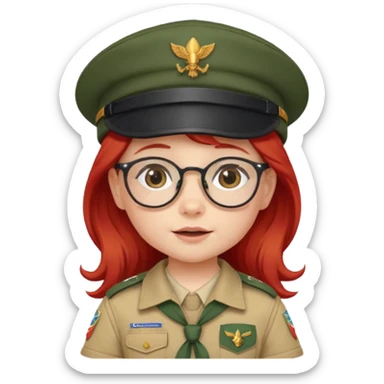 scout girl baby with uniform including the hat,  little with glassess and long red hair sticker