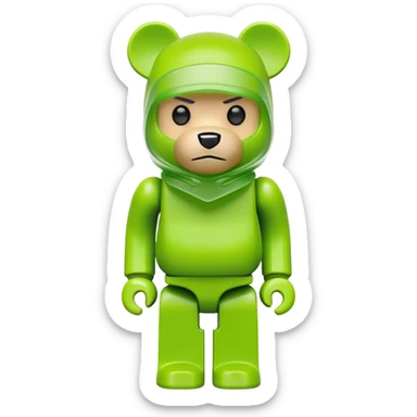 classic bearbrick toy figure with cubic head, wearing a lime green balaclava with clear aggressive eyebrows, blocky bear design not monkey sticker