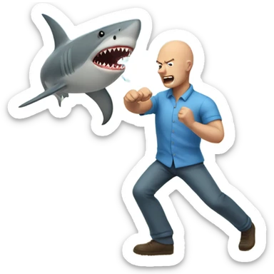 bald man in blue shirt fighting a shark sticker