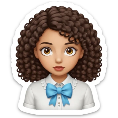 Do a Curly haired girl with dark brown hair, brown eyes, medium tan skin, big eyes and big lashes, with thin lips and add a shirt with a bow sticker