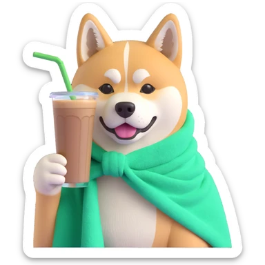 cute and expressive Akita Inu dog with a green towel tied around its head, drinking iced coffee sticker