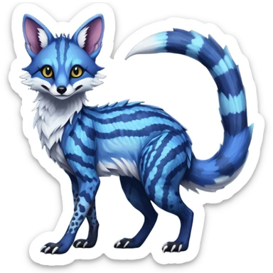 Feral Rare Fantasy scaly evil spooky vibrant dark shady shaded detailed deep-dark-cobalt-blue-gradients-colored colorful Vernid-Sergal-Genet-Trico-Fox-species by LiLaiRa, with dark-blackish points, white belly, random markings, tufted tail, tufted ears, full body sticker