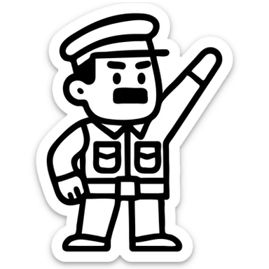 Make the man have his right hand raised at a 45 degree angle, and make the square moustache smaller, keep the brown soldier uniform, no background. sticker