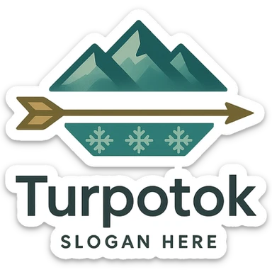 Modern minimalist logo for Turpotok with a stylized Kurai arrow, Ural Mountains silhouette, and subtle Bashkir ornamentation. Text 'Turpotok' in a modern sans-serif font with optional slogan. Color palette reflecting Bashkir culture and natural beauty sticker