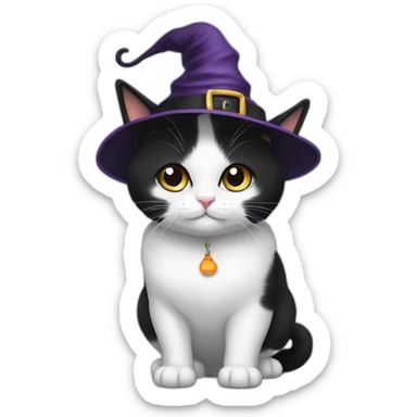 Black and white munchkin cat with a witch hat sticker