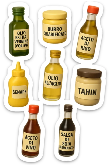 emoji stile iphone 3d di questi elementi che fluttuano in aria sparsi casualmente:

Olio extravergine d’oliva, burro chiarificato
Olio all’aglio (senza pezzetti)
Aceto di vino, aceto di riso, senape, tahin
Salsa di soia fermentata (senza aglio/cipolla)


 che fluttuano sparse casualmente in aria, le etichette dei prodotti scrivile in italiano, iperealistico 4k sticker