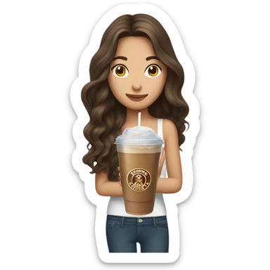 Brunette cute girl with long wavy hair in curtain style holding ice coffee  sticker