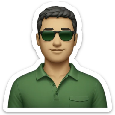 a man with short dark hair and fair skin, wearing sunglasses and a dark green polo shirt sticker