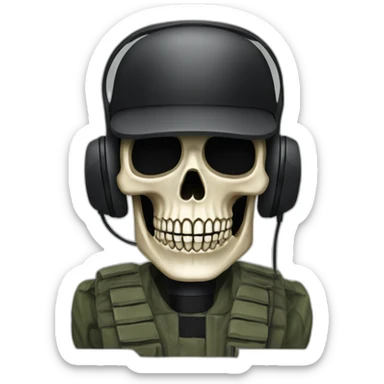 Military Skeleton mask with a long black mask underneath it and headset with a microphone sticker