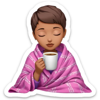 white girl pixiecut Hair Brown inside a blanket sipping Pink coffee eyes closed sticker