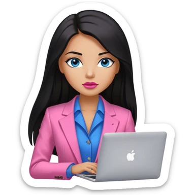 Glamours tanned very beautiful girl with very pump nude lips and black straight smooth long hair, blue eyes and pink blazer with MacBook  sticker