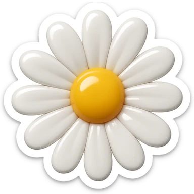 3D iOS-style close-up daisy, glossy effect, white petals, yellow center, no background sticker