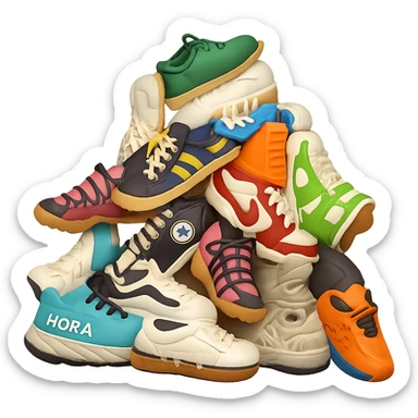 Transform this pile of mixed sneakers into a semi-realistic 3D emoji style with a slightly playful, rounded, and polished texture. The look should be inspired by 3D emoji icons but not cartoonish. Use soft shading and vibrant but believable colors. The background should be transparent. sticker