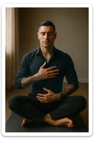 A highly realistic, cinematic portrait of a man in his early 30s with a calm, focused expression, sitting cross-legged on a yoga mat in a softly lit room. His eyes are closed, and he is performing deep diaphragmatic breathing, with one hand resting on his chest and the other on his abdomen, visibly rising and falling with each breath. A subtle glow or faint blue light outlines his body, symbolizing calm energy and nervous system regulation. Around him, faint symbolic waves or flowing lines in blue tones represent the breath calming the autonomic nervous system, while a soft warm light from a window illuminates his relaxed face. The atmosphere is peaceful and grounded, with warm natural tones and a clean, minimalist setting, evoking the feeling of inner calm and nervous system reset through conscious breathing. Style: 35mm hyperrealistic film photography, soft depth of field, warm lighting with clear focus on the man's peaceful face and breathing posture sticker