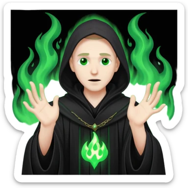 A dark sorcerer in flowing black robes, conjuring eerie green flames sticker