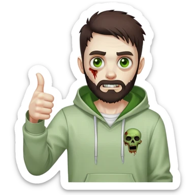 zombie with thumbs up gesture, undercut hairstyle with dark brown hair, short full beard, heterochromia with one green eye and one brown eye, wearing plain white hoodie sticker
