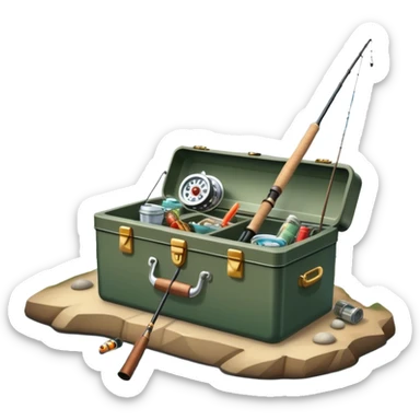 Icon for Fishing: a boat on the shore of a peaceful water body with a beautiful natural landscape, a fishing tackle box, a spinning rod. The icon should capture the tranquility and gear of a fishing adventure. Without frame. Transparent background. sticker