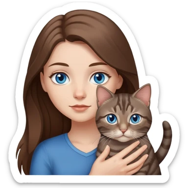 White girl with blue eyes and long brown hair, holding a small dark gray tabby cat sticker