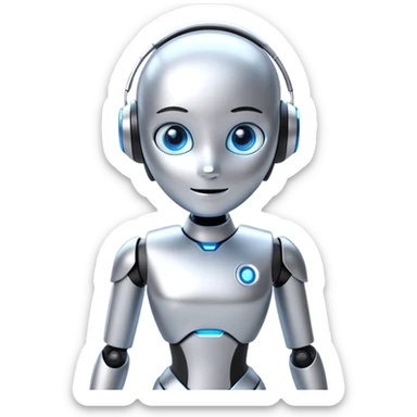 “Design a sleek, futuristic digital assistant mascot for a tech agency. The character should look friendly and smart, with glowing blue eyes, a smooth metallic body, and minimalist details. The mascot should blend AI aesthetics with a warm personality, slightly humanized but clearly synthetic. Background neutral. Style: semi-realistic 3D render or stylized illustration.” sticker