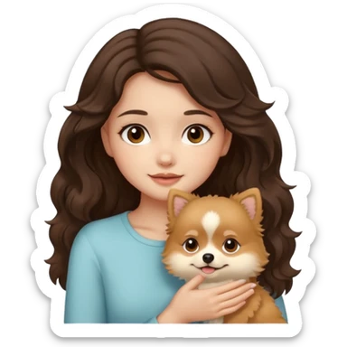 light-skinned-girl-wavy-dark-brown-hair-brown-eyes-petting-light-beige-pomeranian sticker