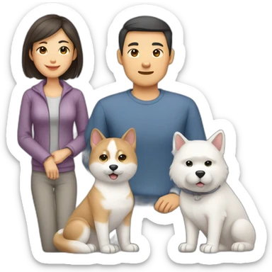 asian dad, white mom, akita dog, grey cat family sticker