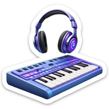 Create a sleek and modern emoji that represents sound design. The design should feature sound waves made from musical notes, a sound mixing console, and a pair of studio headphones to symbolize the process of creating and shaping sound. Include elements like a synthesizer or audio effects buttons to highlight the creative tools used in sound design. Use futuristic colors like neon blue, purple, and silver to convey the cutting-edge, experimental nature of sound creation. The background should be transparent. sticker