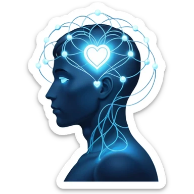 elegant man silhouette with delicate interconnected lines and floating orbs, luminous cores at head and heart, soft white-blue light sticker