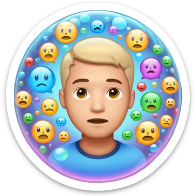 Realistic emoji-style man trapped inside a glowing filter bubble. The bubble contains identical social media icons and repeating content symbols. Outside the bubble are colorful diverse icons he cannot see. The man looks comfortable but unaware, expressing narrow perspective. sticker