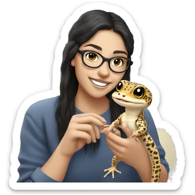 white skinned girl with warm smile and glasses and black hair and eyebrow piercings holding a leopard gecko in her hands  sticker