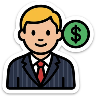 stylized venture capitalist emoji, inspired by Wall Street, pinstripe suit, dollar sign background sticker