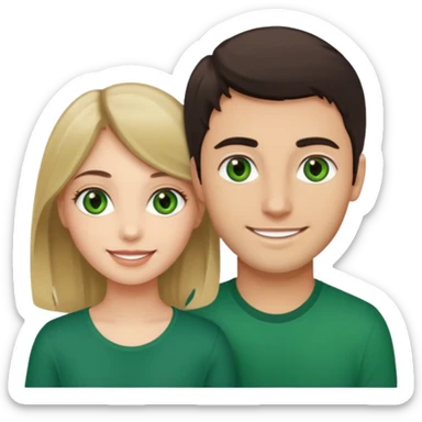 A girl with green eyes and dark hair with her boyfriend with light brown eyes and dark blonde hair and a cavanhaque sticker