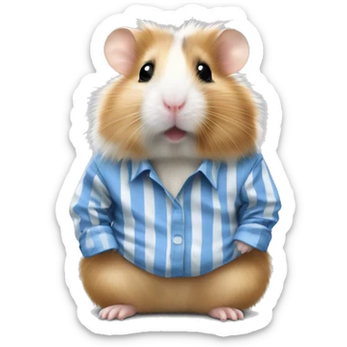 Blonde long haired Syrian hamster with a white and blue striped dirty shirt sticker