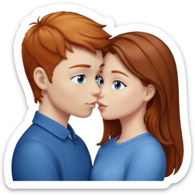 Girl with straight brown hair kissing ginger boy. Both have blue eyes  sticker