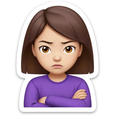 Angry Pouty girl with small asian eyes folding arms in a purple longsleeve shirt she has fair skin and brown hair sticker